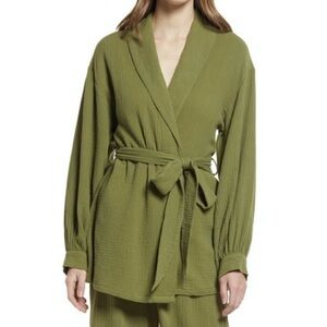 New Nordstrom Textured Cotton Belted Waist Short Robe Olive Green Size Medium